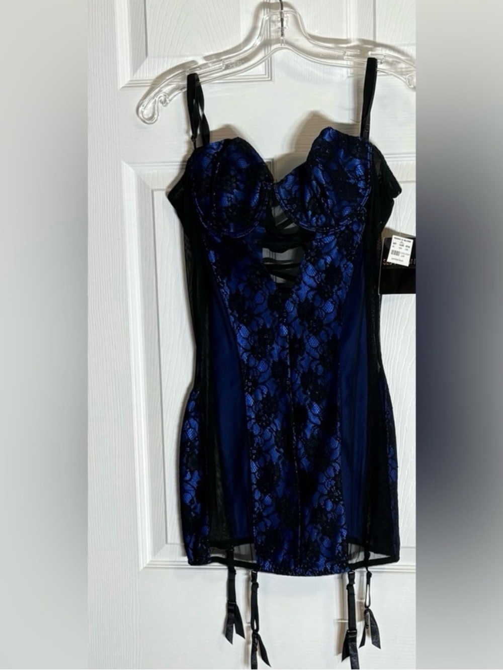 Frederick's of Hollywood Royal Blue and Black Lace Bustier with Garters *NWT*